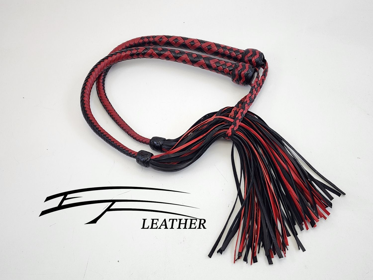 Matching Set of Kangaroo Leather Galley Whips – Black &amp; Red 12 Plait Bird's Eye Pattern