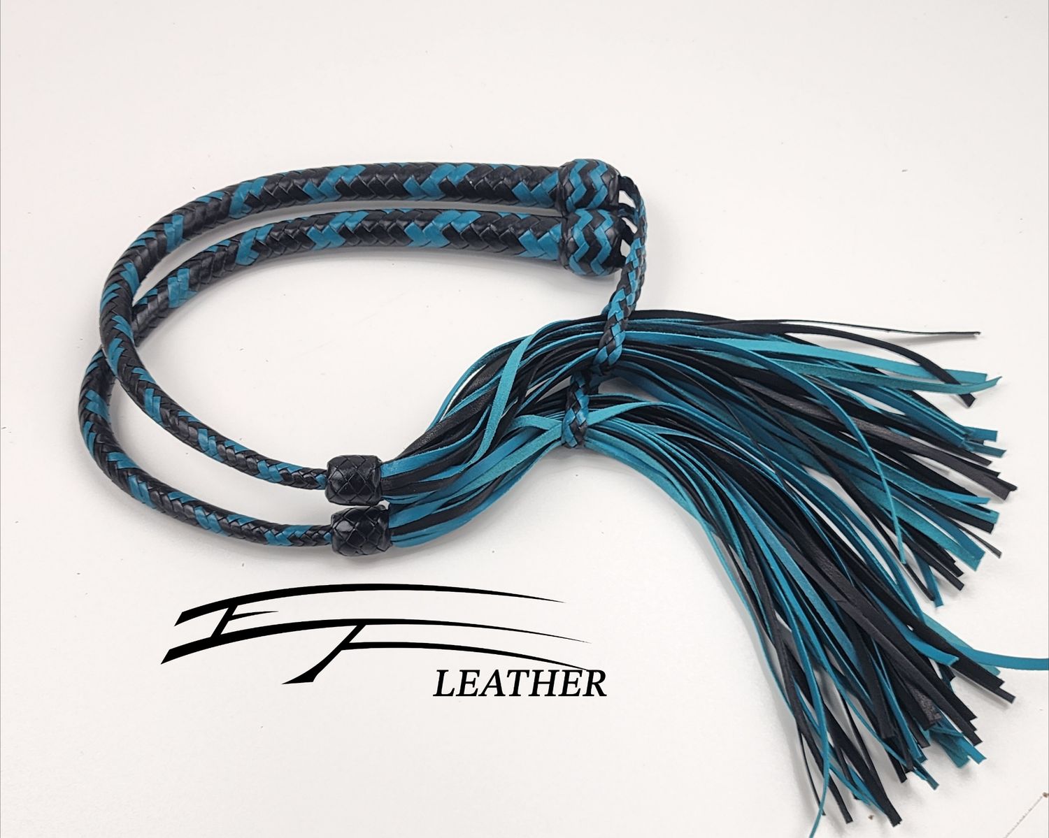 12-Plait Kangaroo Galley Whips – Matching Black &amp; Aqua Set (Pair)