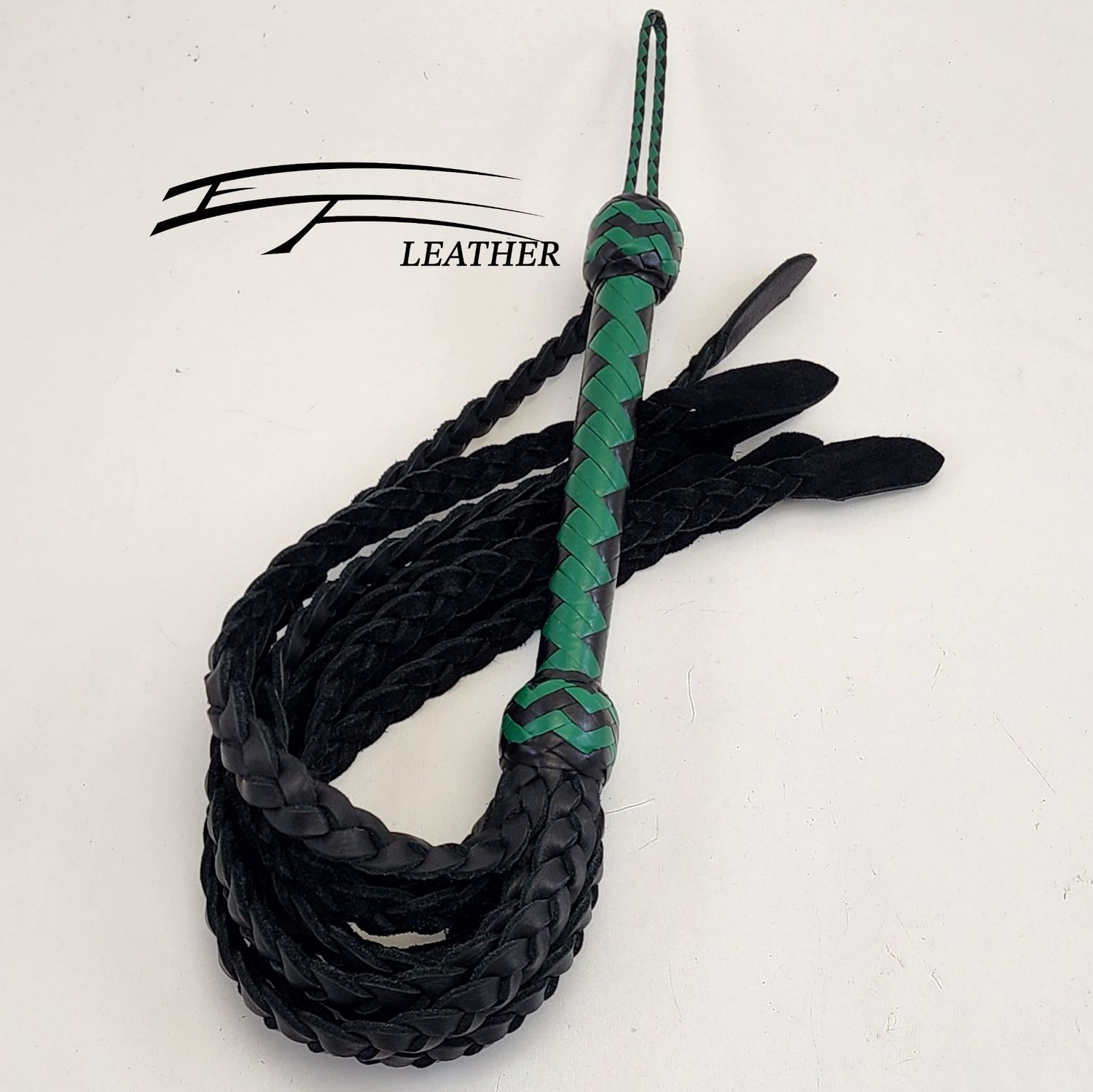 18" Flat Braided Cat O' Nine – Core Line – Black &amp; Jade Green (12-Plait Irregular Herringbone)