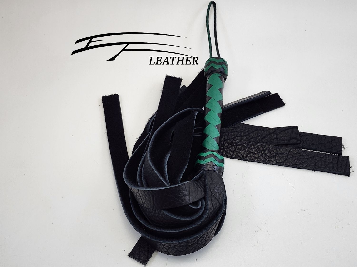 18" Nasty Shit Buffalo Flogger – Core Line – Black &amp; Jade Green (12-Plait Irregular Herringbone)