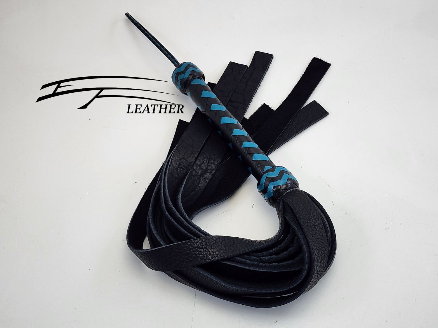 20" Nasty Shit Buffalo Flogger – Core Line – Black &amp; Aqua (12-Plait Dashes Pattern)