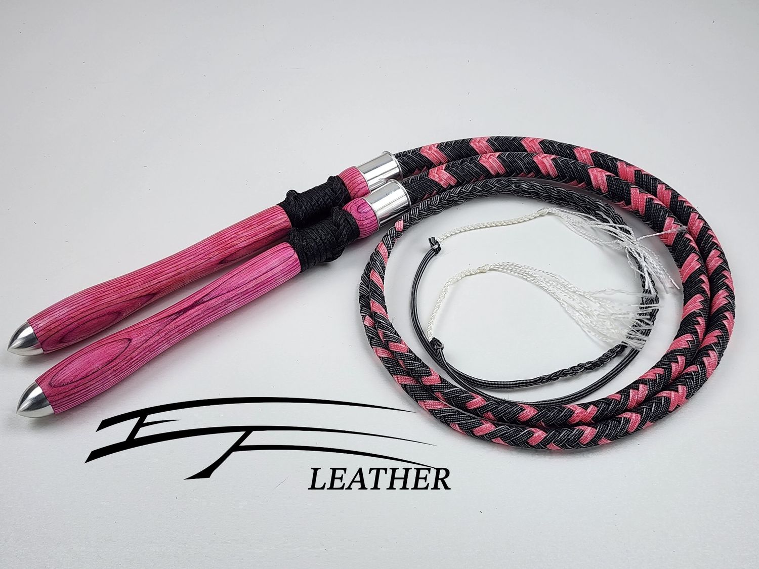 EF Leather Dungeon Whip Matching Set – Silver, Black &amp; Rose Pink | Pink Spectraply Handles