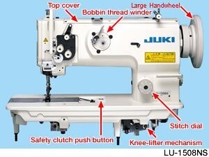 JUKI LU-1508NS Heavy Duty Single Needle Unison Feed Lockstitch Machine with Vertical-axis Large Hook, Table, and Servo Motor