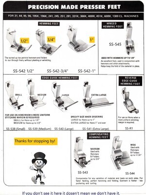 Feet for Most Single Needle Industrial Sewing Machines
