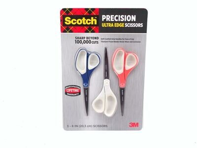 Scotch Scissors 3M 8-inch Precision Ultra Edge Titanium Blades Soft Grip 3 pack