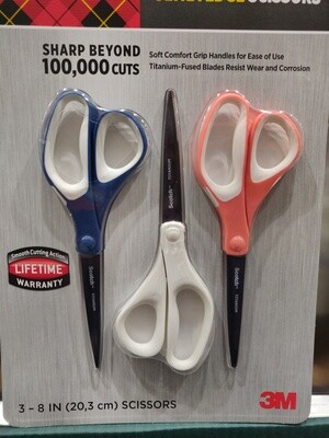 Scotch Scissors 3M 8-inch Precision Ultra Edge Titanium Blades Soft Grip 3 pack