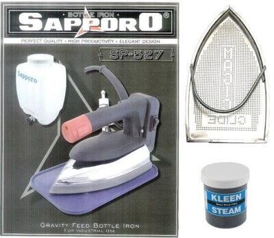 Sapporo SP-527-120V-C Gravity Feed Steam Iron, Water Bottle, Filters, Demineralizer, Hot Iron Rest, Teflon Shoe, 3 Prong Safety Plug on Power Cord