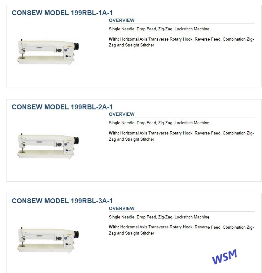 CONSEW Model 199RBL-1A-1 / 199RB-2A-1 / 199RB-3A-1 Long Arm Zigzag