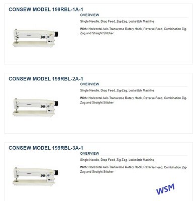 CONSEW Model 199RBL-1A-1 / 199RB-2A-1 / 199RB-3A-1 Long Arm Zigzag
