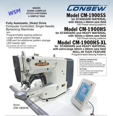 CM-1900 SERIES Fully Automatic, Direct Drive, Computer Controlled, Single Needle, Bartacking Machine by CONSEW