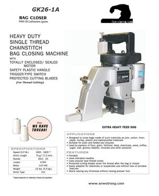 Bag Closer GK26-1A with (Extra heavy Feed Dog) Bag Closer GK26-1A with (Extra heavy Feed Dog)