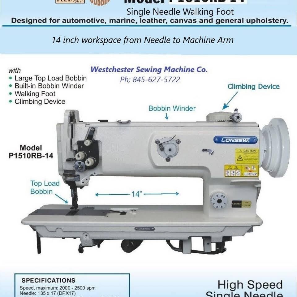 Consew P1510RB (14" Sewing Area) Single Needle Walking Foot Lockstitch Industrial Sewing Machine with Table and Servo Motor