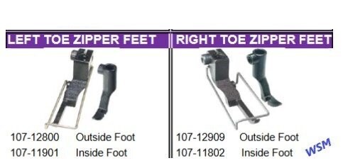 Left &amp; Right Toe Zipper Feet for JUKI LU-2210 - LU-2810 - LU-2810-7 - LU-2810-7X, LU-2860