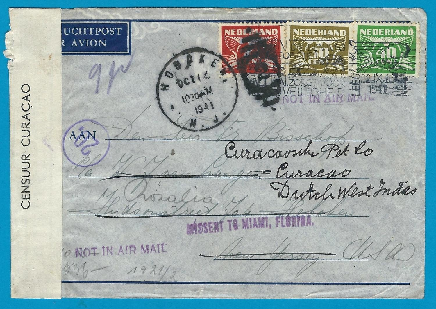 NEDERLAND lp brief 22-IX-1941 Leeuwarden -USA door naar Curaçao