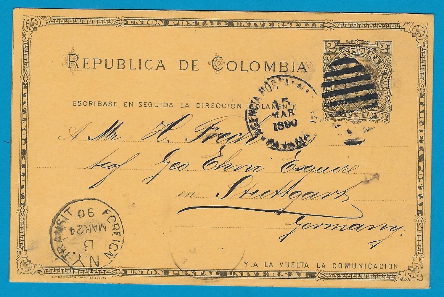 COLOMBIA postal card 1890 Panama to Germany