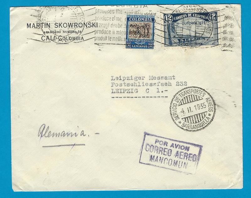 COLOMBIA airmail cover 1935 Cali to Germany