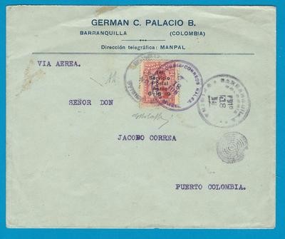 COLOMBIA airmail cover 1919 Barranquilla to Puerto Colombia