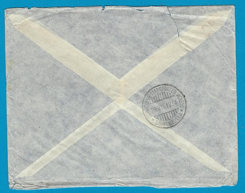 COLOMBIA air cover 1934 Cartagena to Netherlands