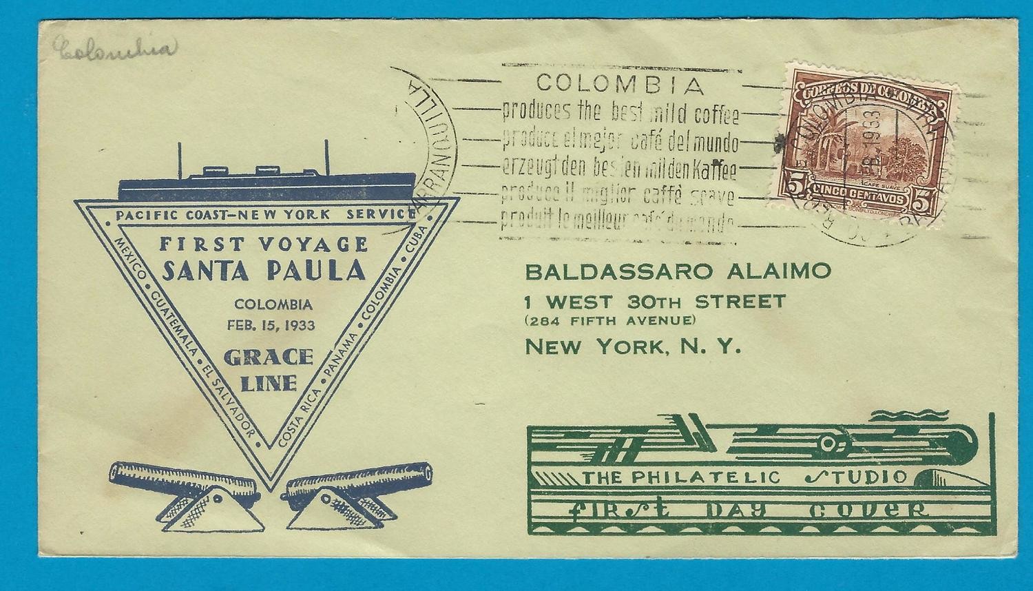 COLOMBIA Grace Line cover 1933 Barranquilla to USA