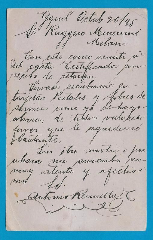 ECUADOR postal card 1895 Guayaquil to Italy