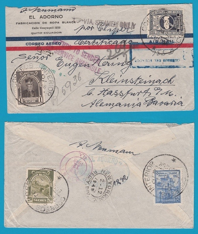 ECUADOR air cover 1948 Quito to Germany - Service suspended