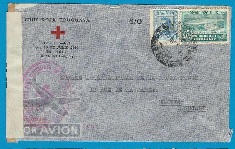 URUGUAY censored Red Cross air cover 1942 Montevideo to Switzerland