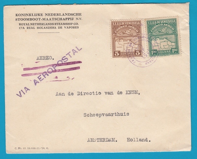 VENEZUELA KNSM air cover 1931 Maracaibo to Netherlands