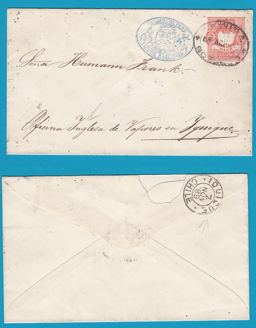 PERU postal envelope 1889 Lima to Iquique