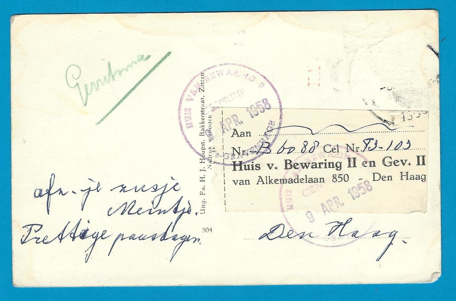NEDERLAND prentbriefkaart 1958 Zetten naar Den Haag gevangenis