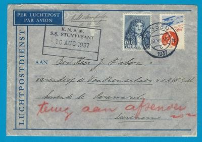 NEDERLAND lp brief 1937 Assen naar Suriname retour per KNSM