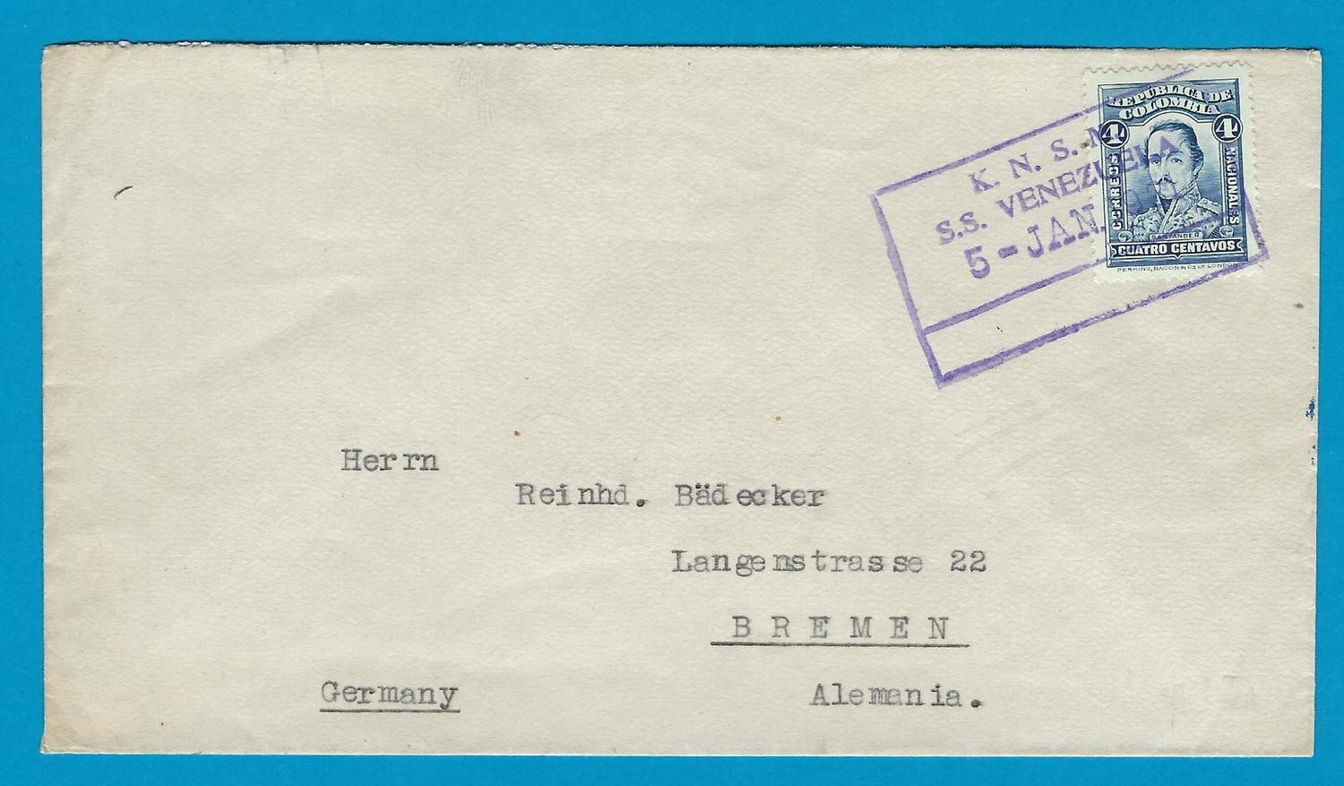 COLOMBIA cover 1931 by KNSM ship S.S. Venezuela to Germany
