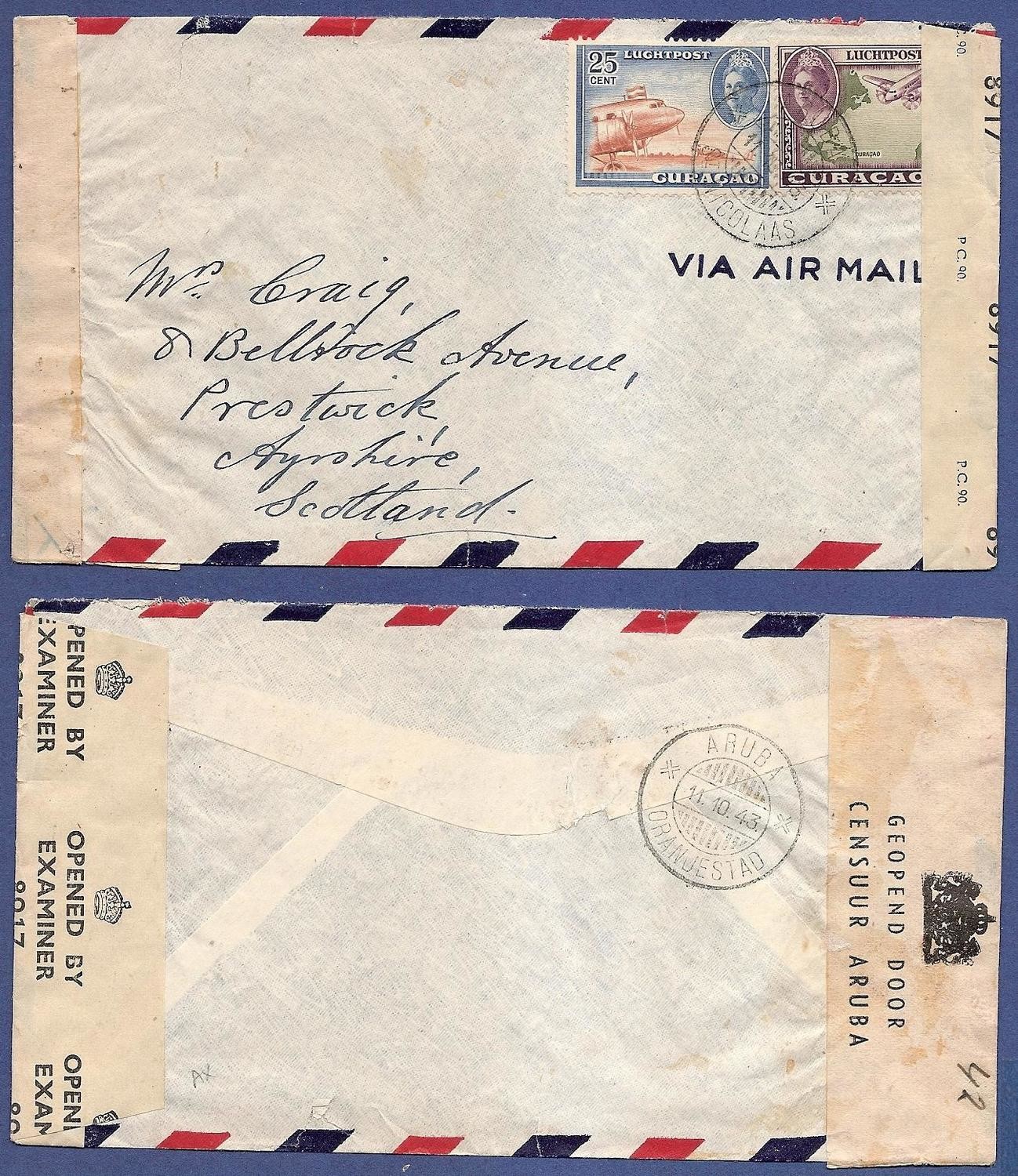 CURAÇAO censuur lp brief 1943 Aruba naar Schotland