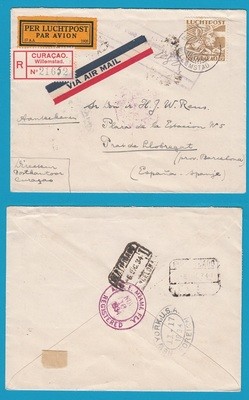 CURAÇAO R lp brief 1934 Willemstad naar Spanje