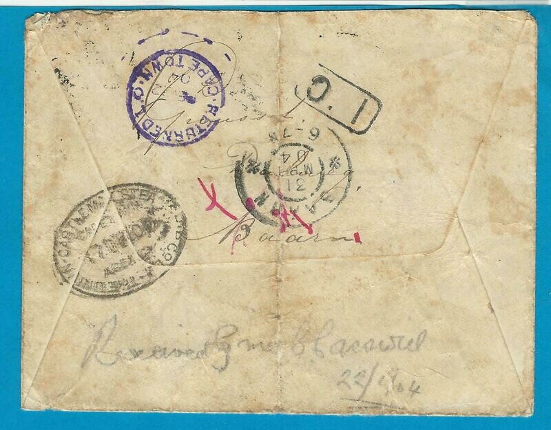 NEDERLAND zwerfbrief 1904  Baarn naar Z-Afrika en retour