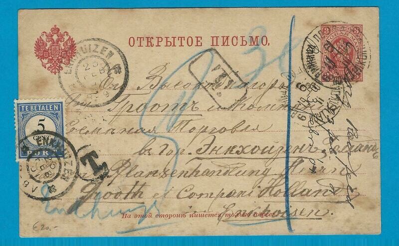 RUSLAND briefkaart 1901 naar Enkhuizen met port belast