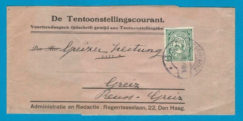 NEDERLAND krantenbandje 1908 's Gravenhage naar Greiz