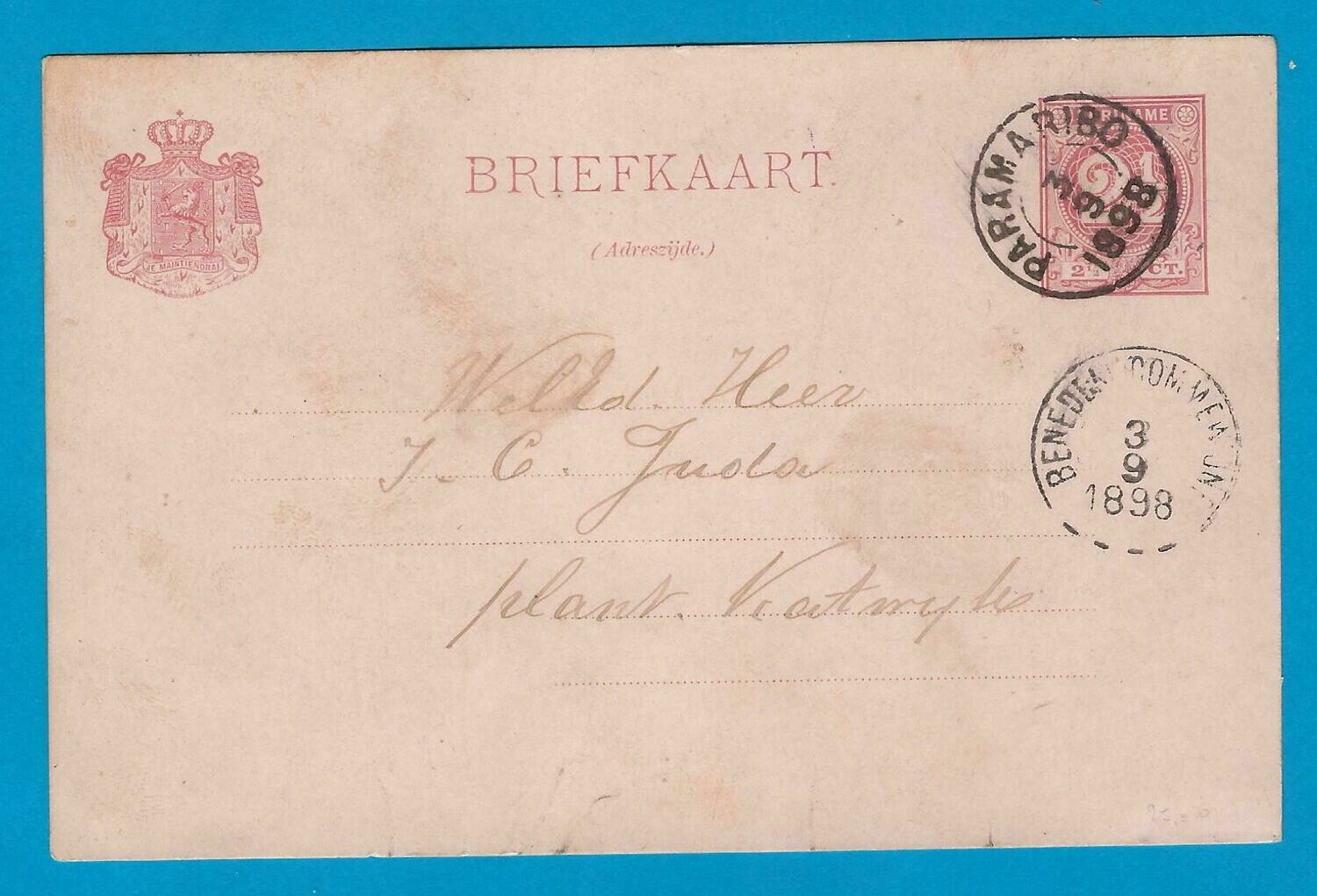 SURINAME briefkaart 1898 Paramaribo naar plantage Katwijk