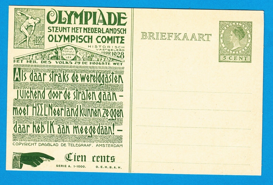 OLYMIADE 1928 briefkaart voor steun aan Olympisch Comite