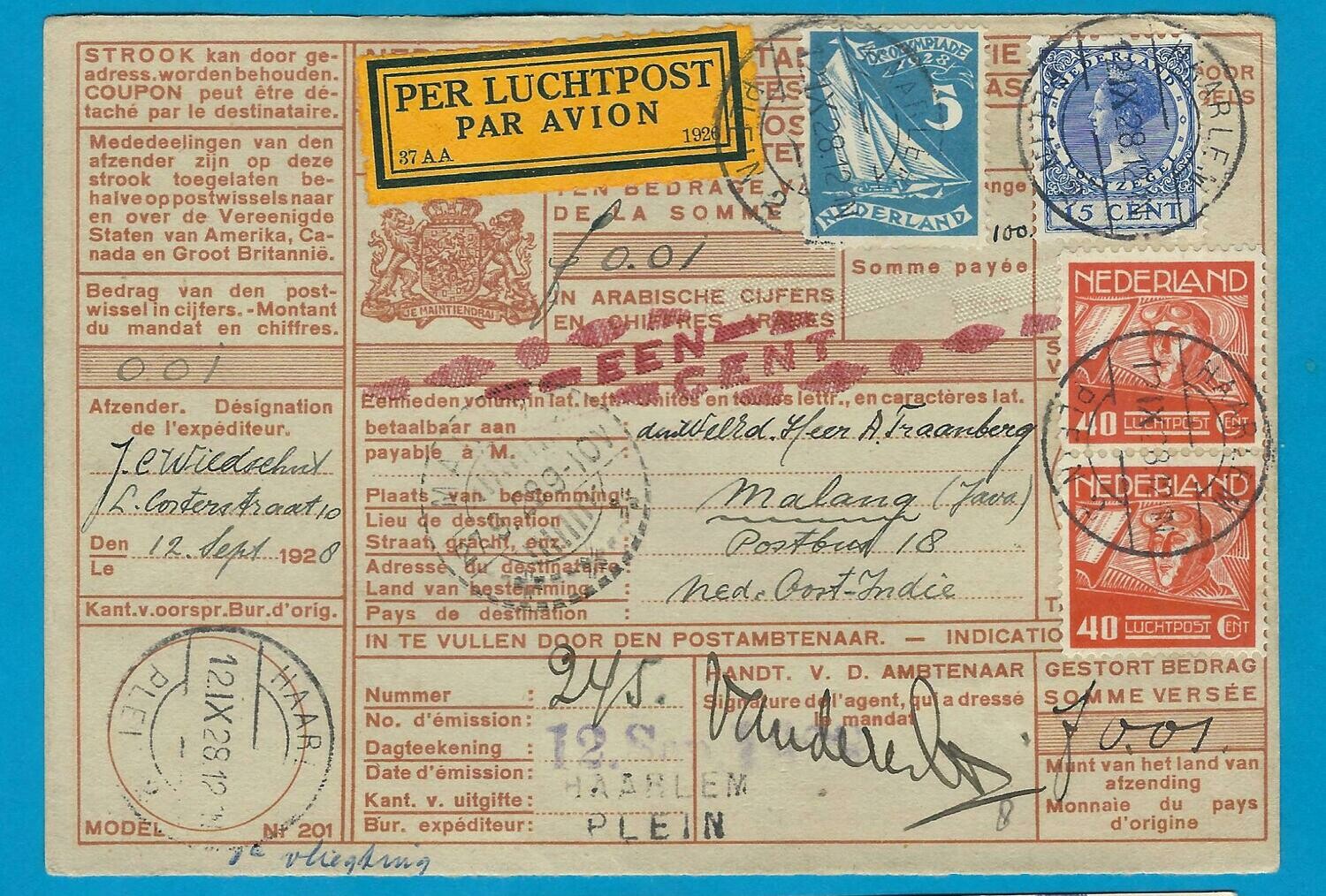 NEDERLAND postwissel 1928 Haarlem per 1e proefvlucht naar Indië