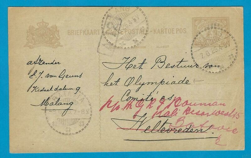 OLYMPIADE 1928 Amsterdam briefkaart aan Olympiade comité Indië