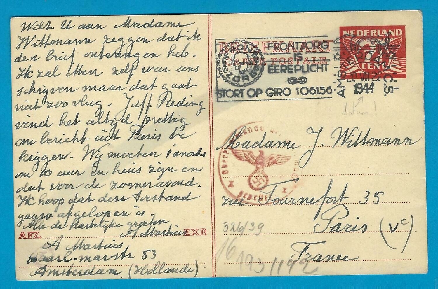 NEDERLAND briefkaart 20-VII-1944 Amsterdam naar Parijs