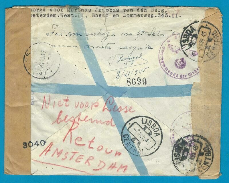 NEDERLAND brief 20-VII-1944 Amsterdam naar Portugal en retour 1945