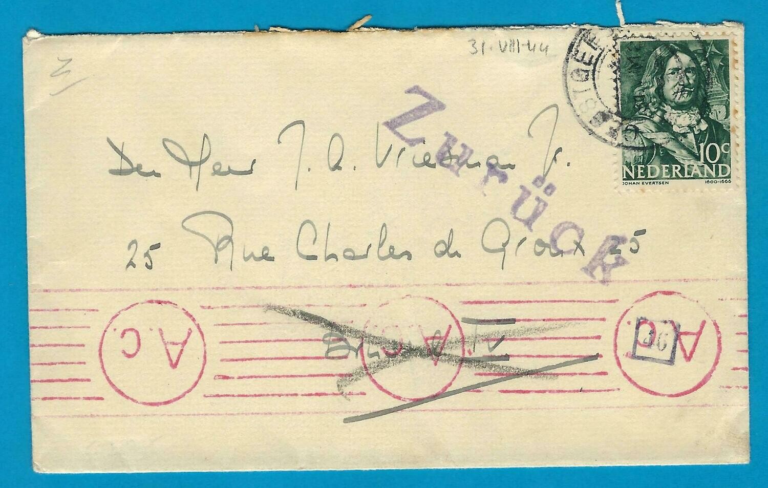 NEDERLAND brief 31-8-1944 Oegstgeest naar (bevrijd) Brussel -retour
