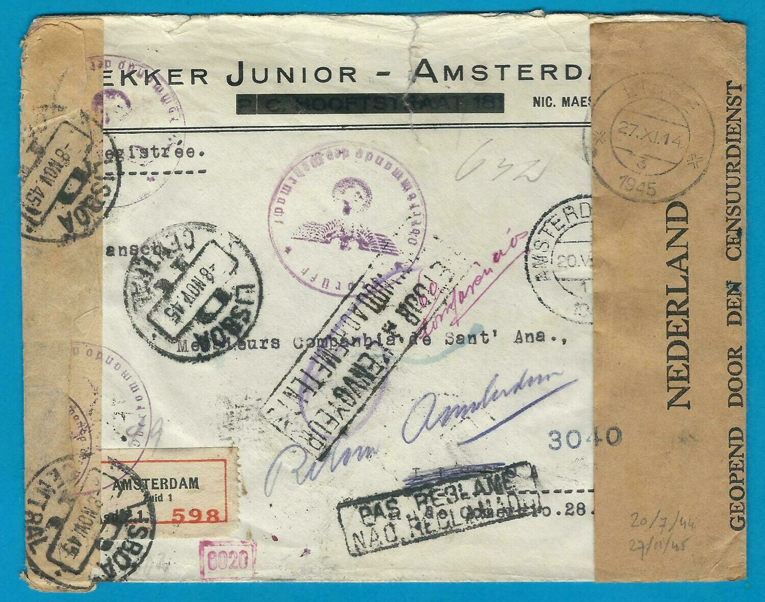 NEDERLAND brief 20-VII-1944 Amsterdam naar Portugal en retour 1945