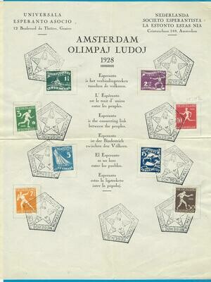 NEDERLAND Olympiade 1928 set speciaal stempel op Esperanto vel