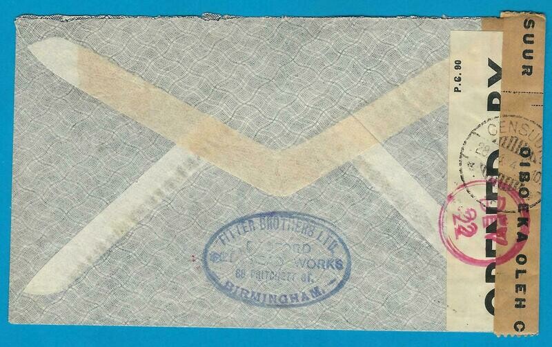ENGLAND censor air cover 1941 Birmingham to Dutch Indies