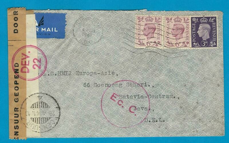 ENGLAND censor air cover 1941 Birmingham to Dutch Indies