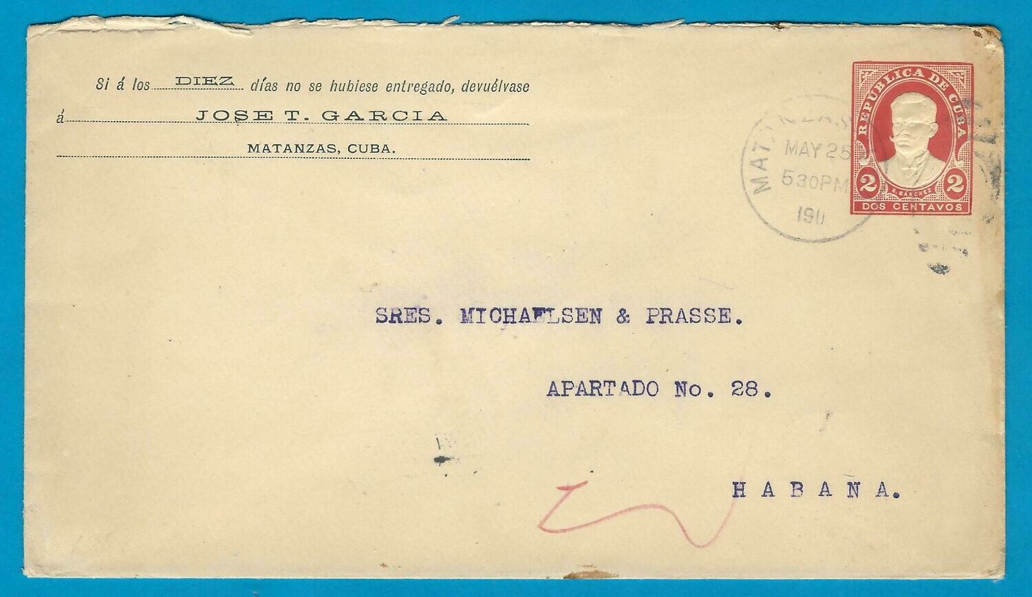 CUBA postal envelope 1911 Matanzas to Habana