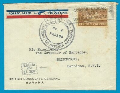 CUBA censor air cover 1944 Habana to Barbados