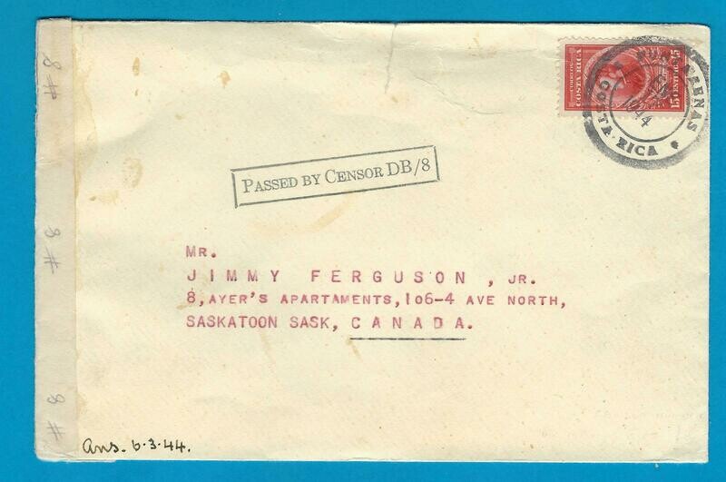 COSTA RICA censored cover 1944 Punta Arenas to Canada